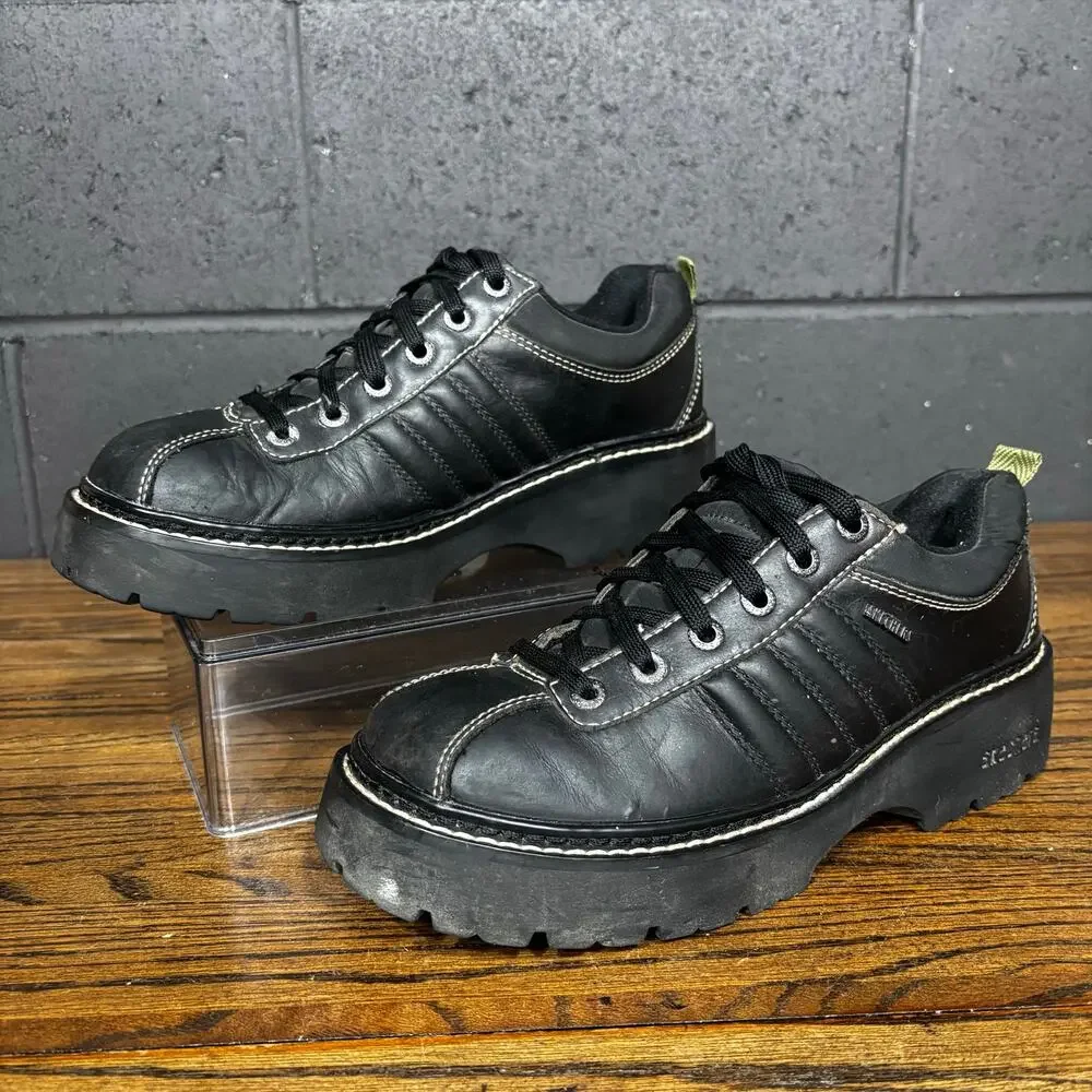 Vintage Y2K Skechers Black Leather Platform Chunky Lug Oxford Shoes Women’s 10